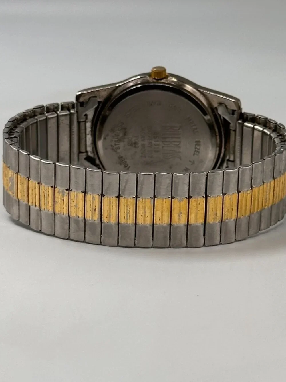 VTG. Bill Blass Watch Silver Gold Two Tone Day Date Stretch Expansion Band